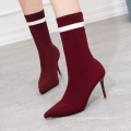 Good selling pointed toe 9 cm high heel black wine stretch knitted ladies new fashion mid-calf boots